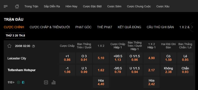 Ví dụ kèo chi trận Leicester City và Tottenham Hotspur